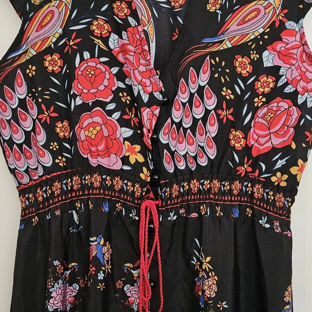 Wish V-Neck Peacock Floral Print Flare Sleeve Bohemian cotton blend Dress size S - Picture 6 of 13